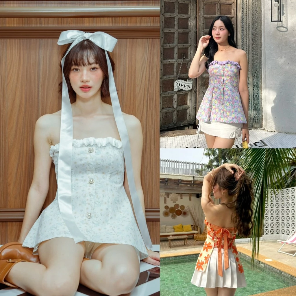 kokiji - Janne Top (เสื้อเกาะอกลายดอกไม้ มีโบว์ผูกหลัง S-M)