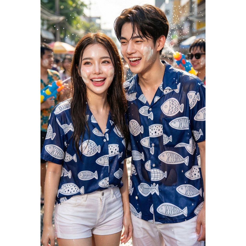 เสื้อฮาวาย วินเทจ โอเวอร์ไซส์ ผ้าไหมอิตาลี   ชายหญิงใส่ได้  เสื้อฮาวายM-2XL ลายปลา