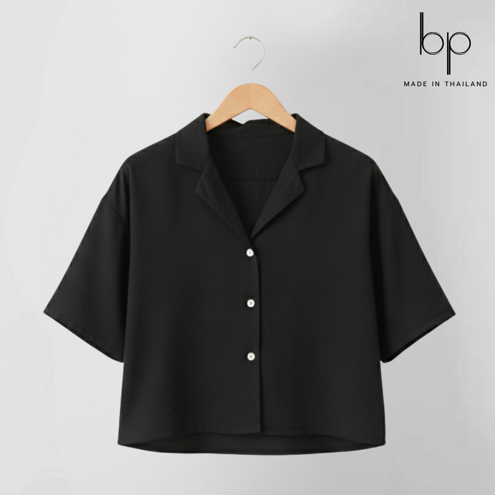 🖤เสื้อเชิ้ตครอปสีดำ ทรงมินิมอลน่ารักมาก ใส่สบาย สายคาเฟ่ห้ามพลาด S-XL