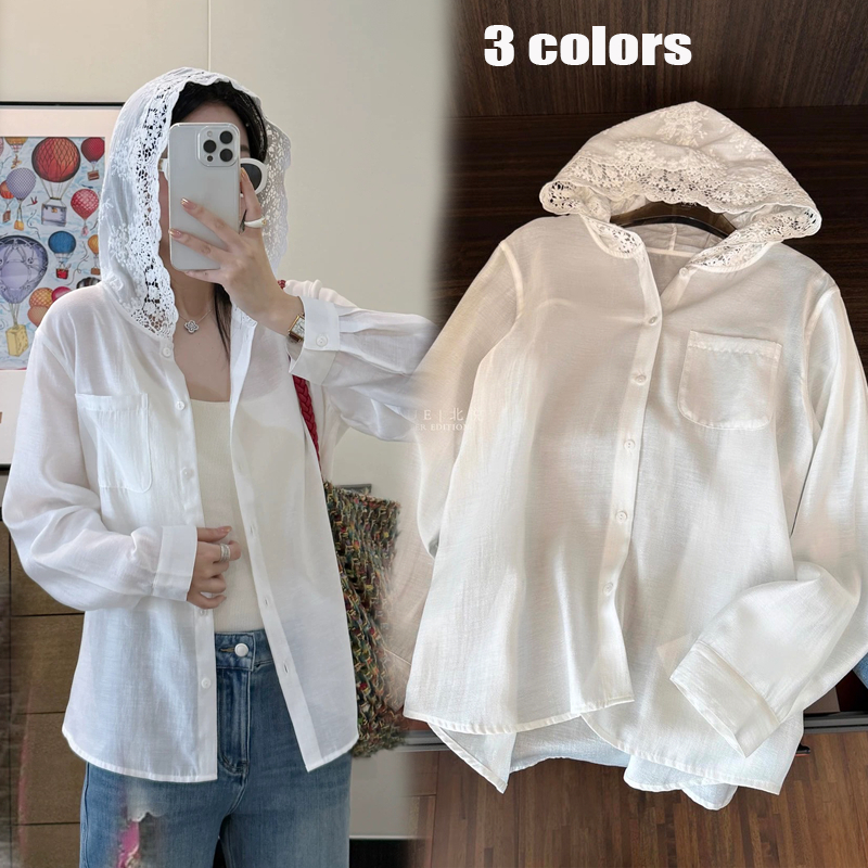 Dahong เสื้อลูกไม้แขนยาว สไตล์ลําลองลูกไม้เสื้อเชิ้ตแขนยาวทรงหลวม  สีพื้น ลำลอง สำหรับสตรี W508 Clothing Women