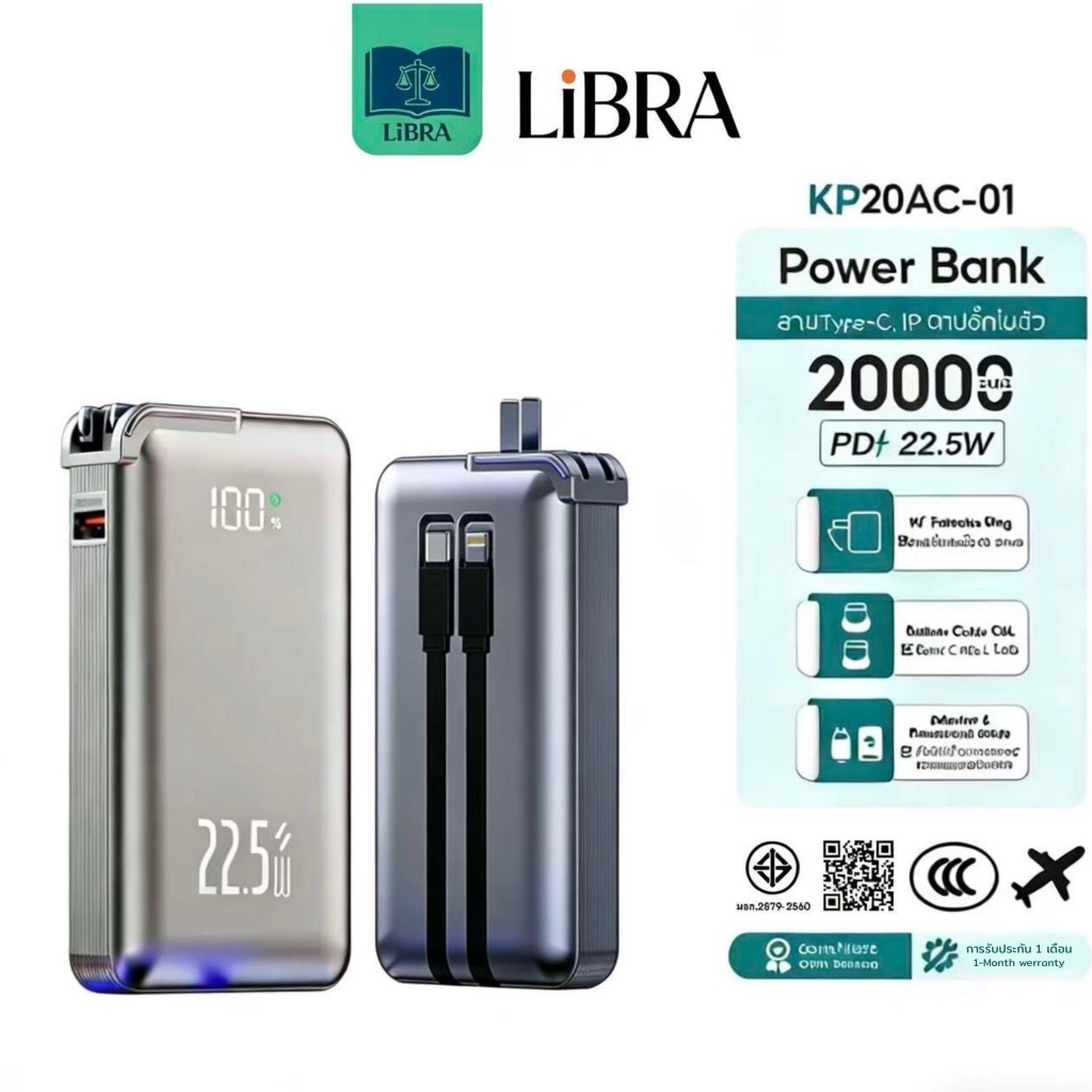 [มี CCC&มอก.]PowerBank 20000mAhพาวเวอร์แบงค์  ปลั๊ก AC แบบพับได้ในตัว สายชาร์จในตัว จอแสดงLEDรองรับก