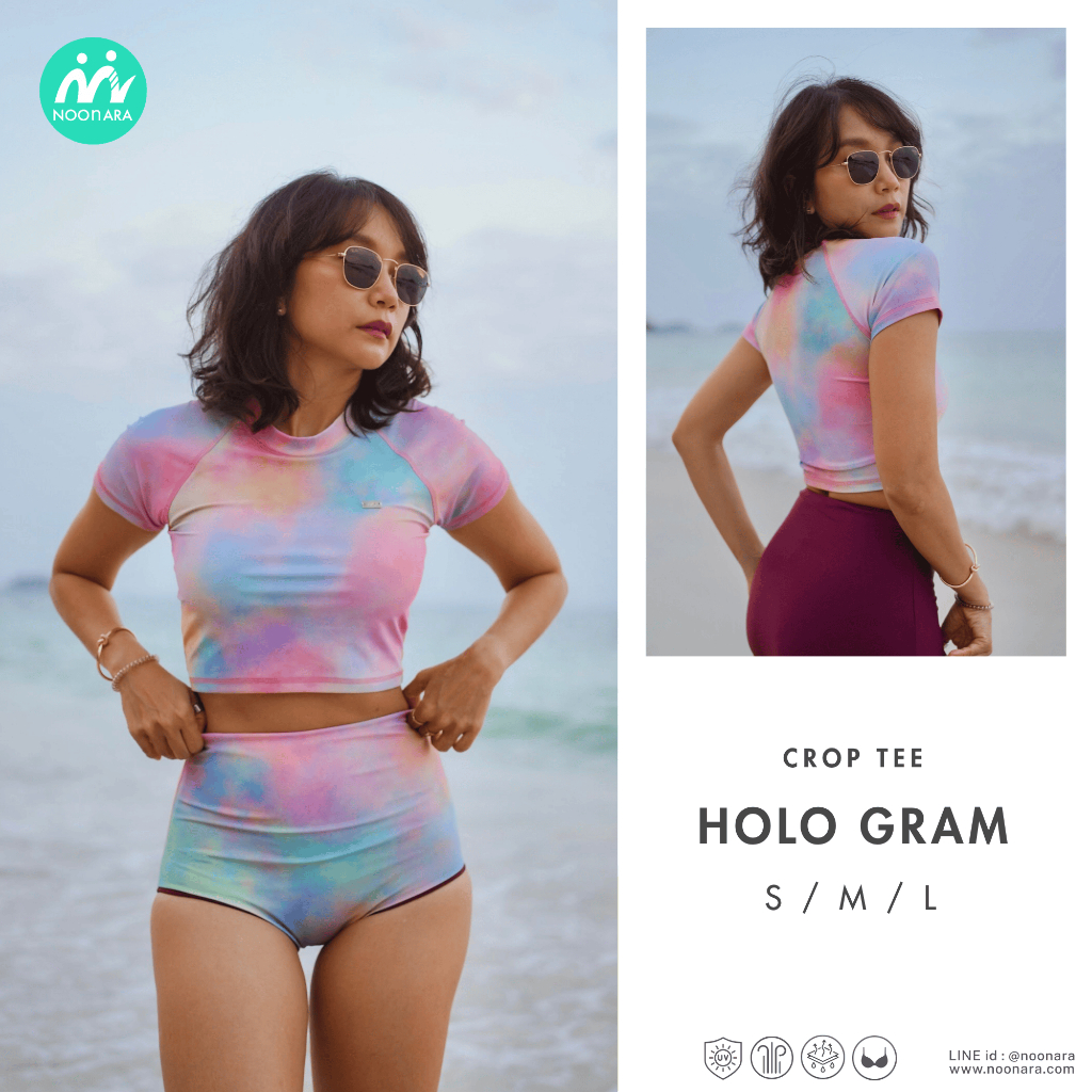 NooNara Crop Tee : HOLO GRAM(เฉพาะเสื้อ) เสื้อครอปแขนสั้น ฟิตเนส วิ่ง โยคะ ว่ายน้ำ ดำน้ำ กันUV มีฟองน้ำ แห้งเร็ว