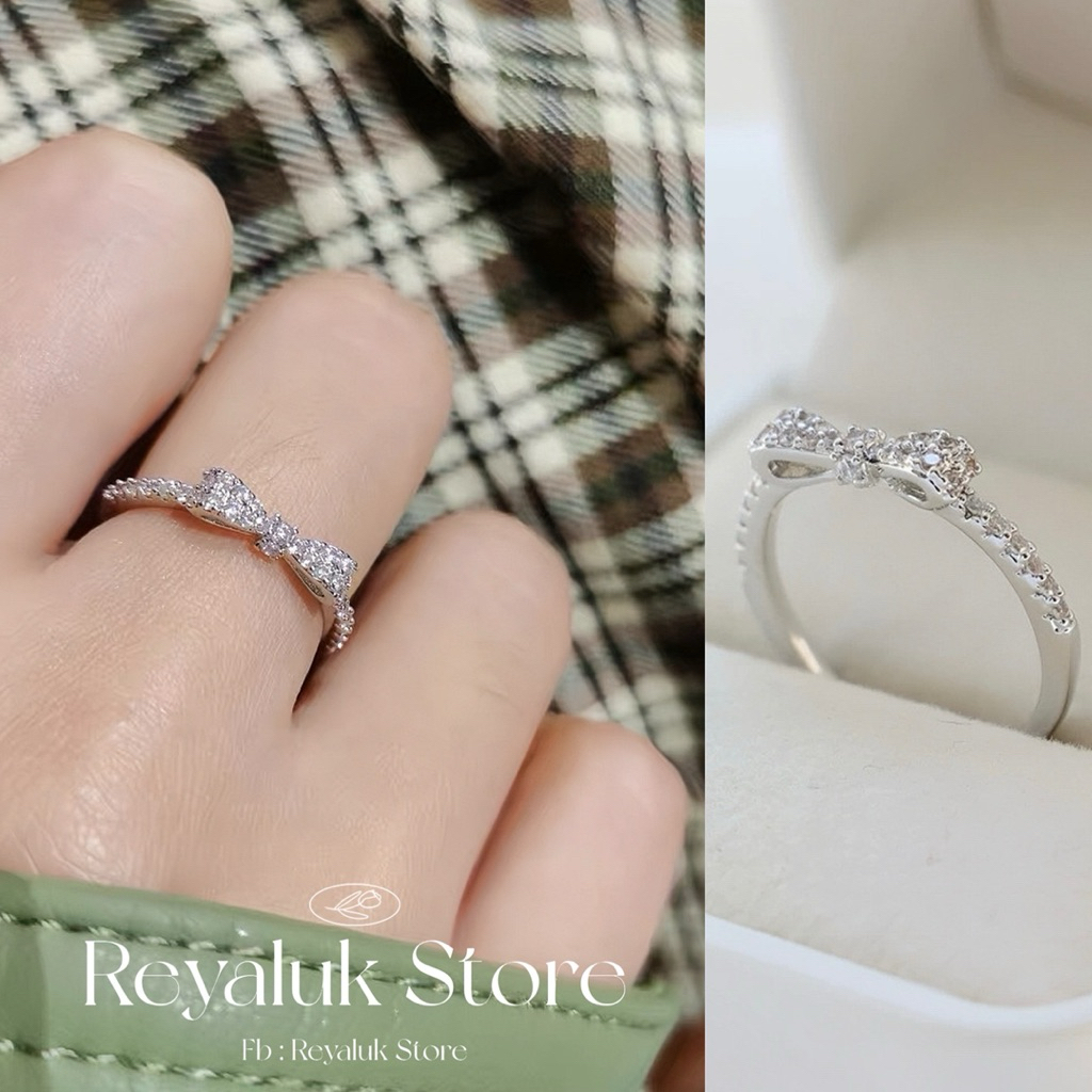 แหวน 🎀 โบว์เพชร สีเงิน มีไซส์ 5-9 (49-60 มิล) 🎀 แหวนสแตนเลส ตัวเรือนหุ้มทอง18k
