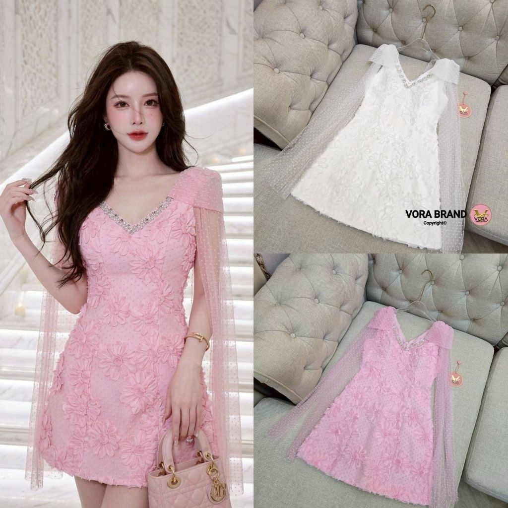 VORA Set เดรสแขนกุดคอวี แต่งเพชรช่วงคอเสื้อเพิ่มความแกรมสุดๆ ช่วงไหล่แต่งโบว์ใหญ่