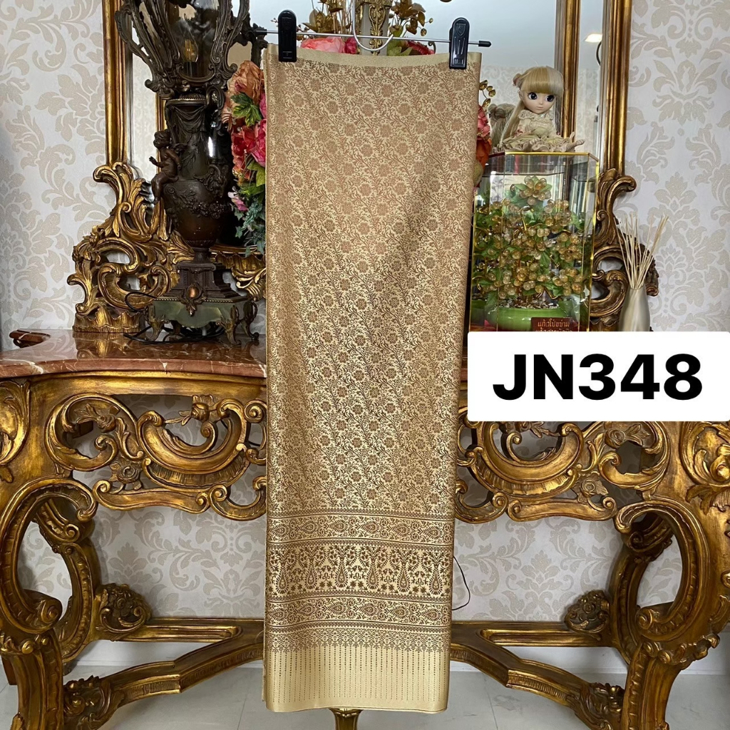 JN348 ผ้าไหมแกมฝ้าย ทอลาย ลายกุหลาบพันปี สีโอวัลติน ขนาด 2 หลา
