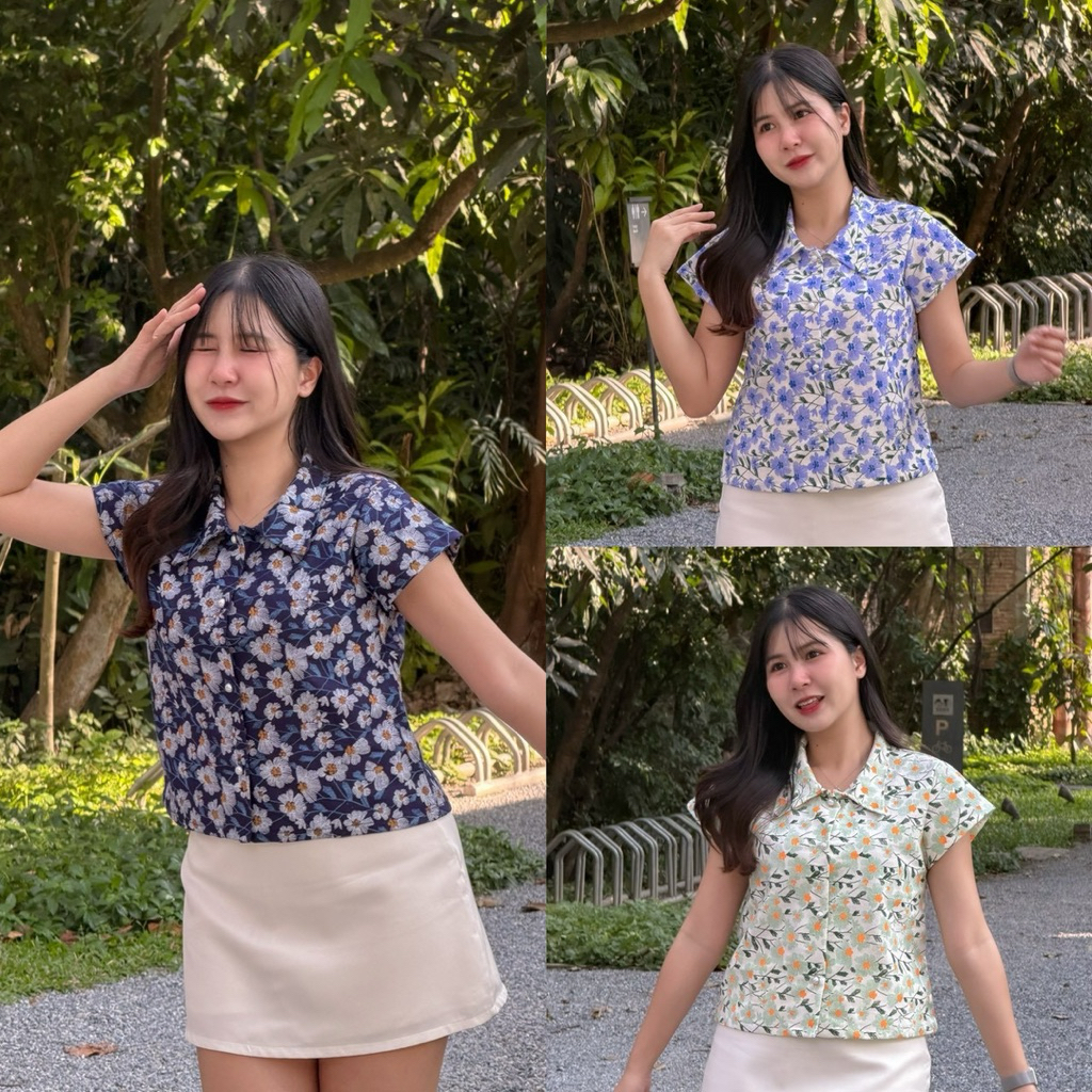Mesa เสื้อลายดอกเดซี่คอปกแขนล้ำติดกระดุมผ้าฝ้ายพิมพ์ลาย เสื้อใส่ทำงาน เสื้อพื้นเมือง Manee.cotton