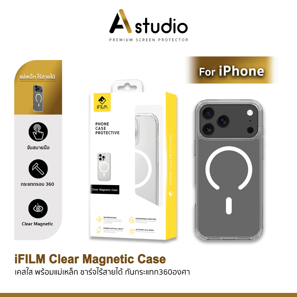 🏅iFilm เคสใส กันกระแทก Magnetic Case For iPhone 17promax 17pro 17 air 16promax 16 15 promax 14 13 ปกป้องการชน แม่เหล็ก