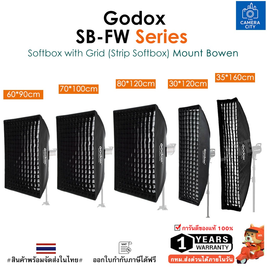 Godox SB-FW 60x90, 70x100, 80x120, 30x120, 35x160 CM Softbox with Grid (Strip Softbox) Mount Bowen