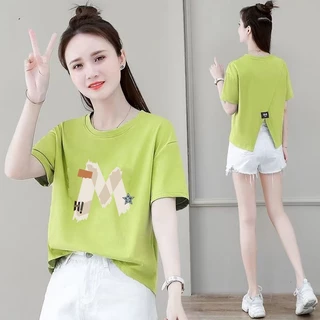 เสื้อครอปสาวอวบน่ารักสไตล์เกาหลี oversize เสื้อผ้าคนอ้วนไซส์ใหญ่ เสื้อยืดสวยๆผู้หญิงฤดูร้อนใหม่ ผ่าด้านหลัง ผ้าใส่สบาย