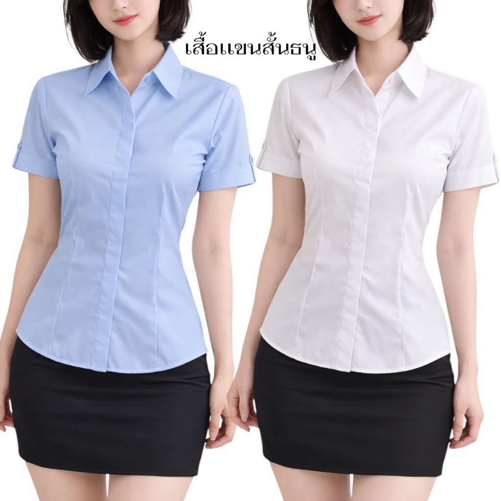 เสื้อเชิ้ตเเขนสั้นธนูผ้าร่องปีเก้มีไซส์(อก32-48)