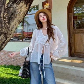 crop..shop เสื้อเเขนยาวลายสวย ด้านหน้าผูกได้จริง ตามใจชอบ สวยใสลมุนมาก งานดีสุดๆจ้า