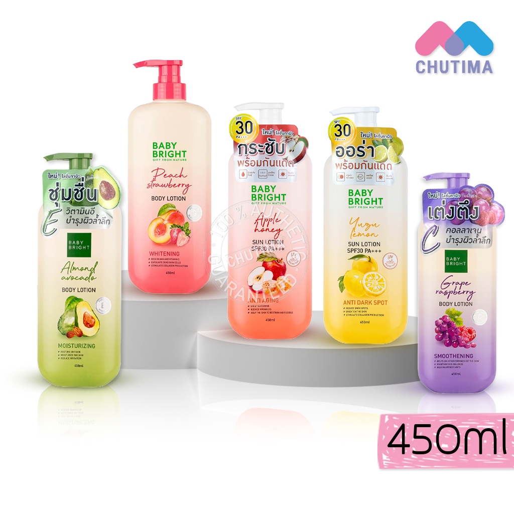 เบบี้ไบร์ท โลชั่นบำรุงผิวกาย/ กันแดด สูตรผลไม้ เนื้อบางเบา Baby Bright body lotion 450ml.