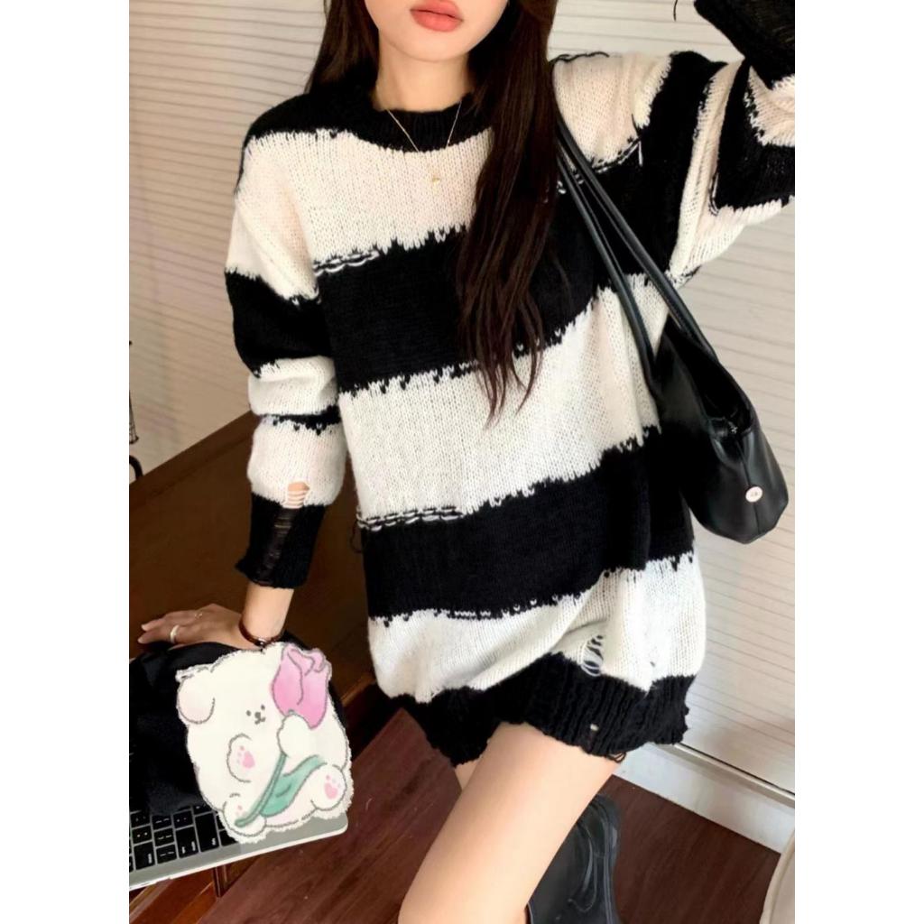 ◑✼♕🖤✚เสื้อสเวตเตอร์ลายทางผู้หญิงต้นในฤดูใบไม้ร่วง ใหม่ย้อนยุคเก๋ไก๋ สวมใส่ง่าย เสื้อแขนยาวเสื้อถักไหมพรมอย่างดี