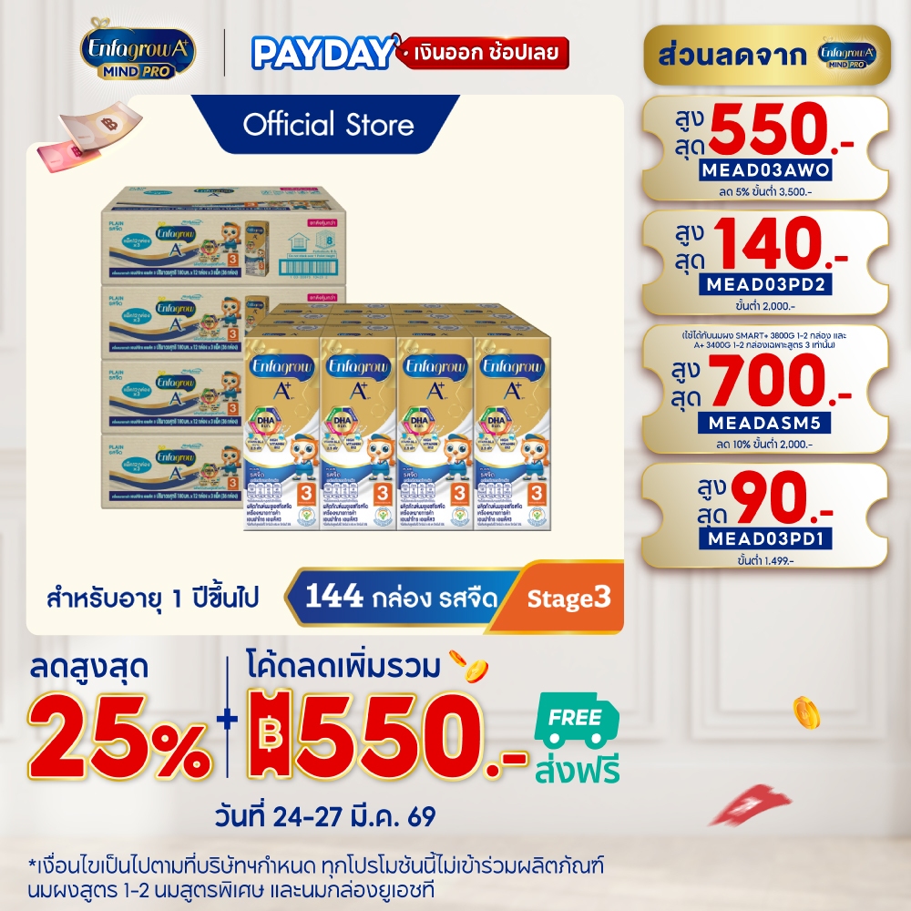นมกล่อง เอนฟาโกร ยูเอชที สูตร3 ชนิดจืด (36 กล่อง) x4 ลัง Enfagrow UHT Stage3 Plain (36 boxes) x4 cas