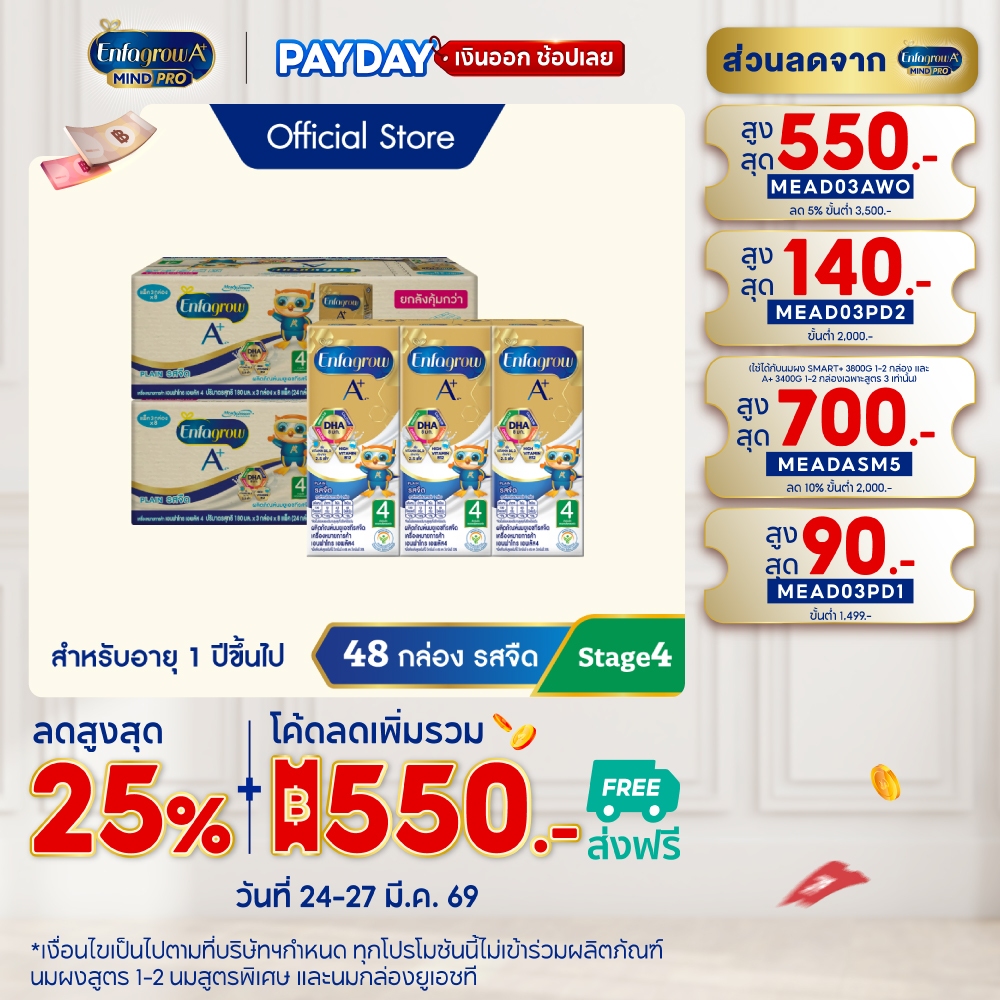 นมกล่อง เอนฟาโกร ยูเอชที สูตร4 ชนิดจืด (24 กล่อง) x2 ลัง Enfagrow UHT Stage4 Plain (24 boxes) x2 cas