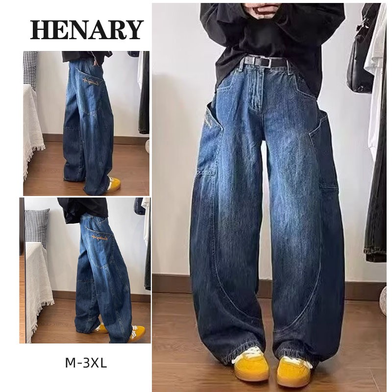 Henary กางเกงยีนส์ผู้ชาย สไตล์เกาหลีเท่ๆ วินเทจ ทรงหลวมขากว้าง มีกระเป๋าขนาดใหญ่ สีน้ำเงินเข้ม M-3XL