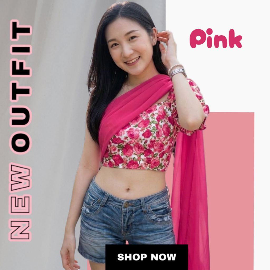เสื้อครอปสไบ ลายดอก แขนตุ๊กตาไหล่เดี่ยว Freesize