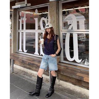 📍พร้อมส่ง📍10832🇰🇷FSY🇰🇷 Boyish blue denim shorts • กางเกงขาสั้นทรงบอยอิสผ้ายีนส์สีอ่อนทรงกระบอก ปลายขาตัดดิบ