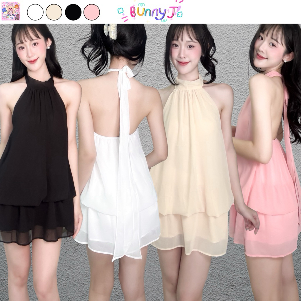 BunnyJ. เดรสสั้นคล้องคอแต่งระบาย ผูกหลังสุดเซ็กซี่ ลุคคุณหนูเกาหลี 💖 พร้อมส่งในไทย🇹🇭 มีส่งด่วนในกรุง