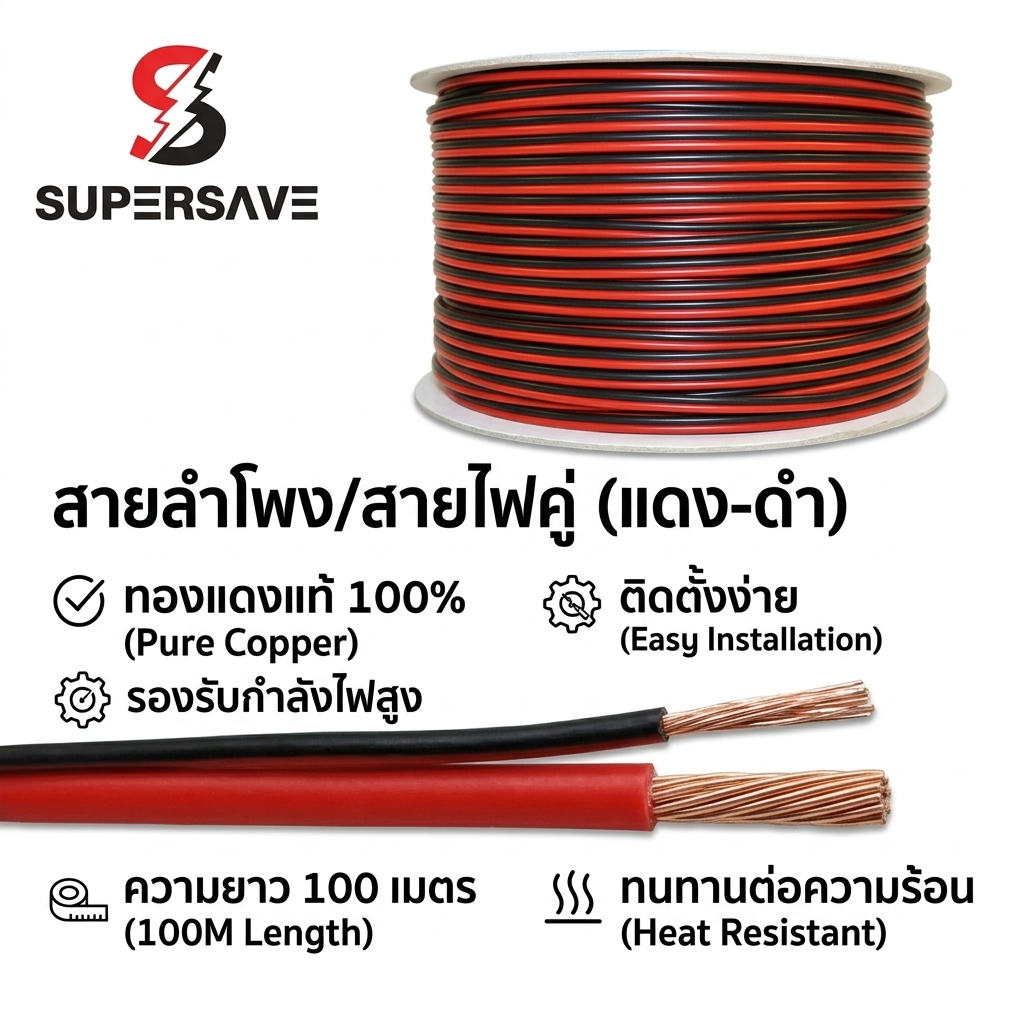 ของแท้***สายไฟดำ-แดง 100m-60m(ขนาด 2*0.3 Sqmm.)เป็นสายทองแดง หุ้มฉนวน สายหลอดไฟ