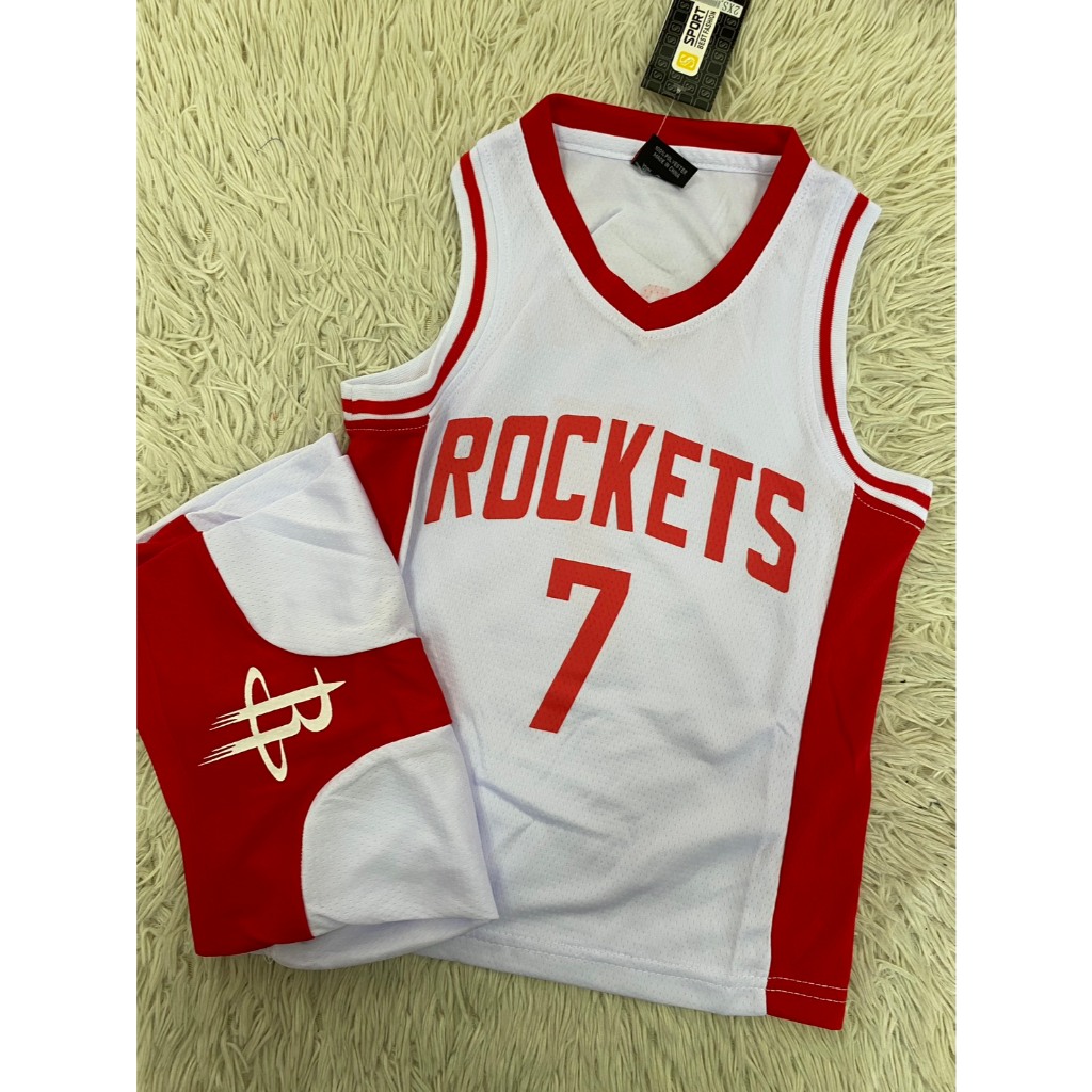 ชุดบาสเก็ตบอลเด็กเบอร์7สีขาวชื่อ ROCKETS เสื้อ+กางเกง