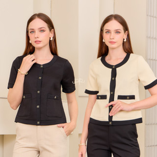 POI เสื้อทวิตคอกลมแขนสั้นกระดุมดอกไม้ L013L6