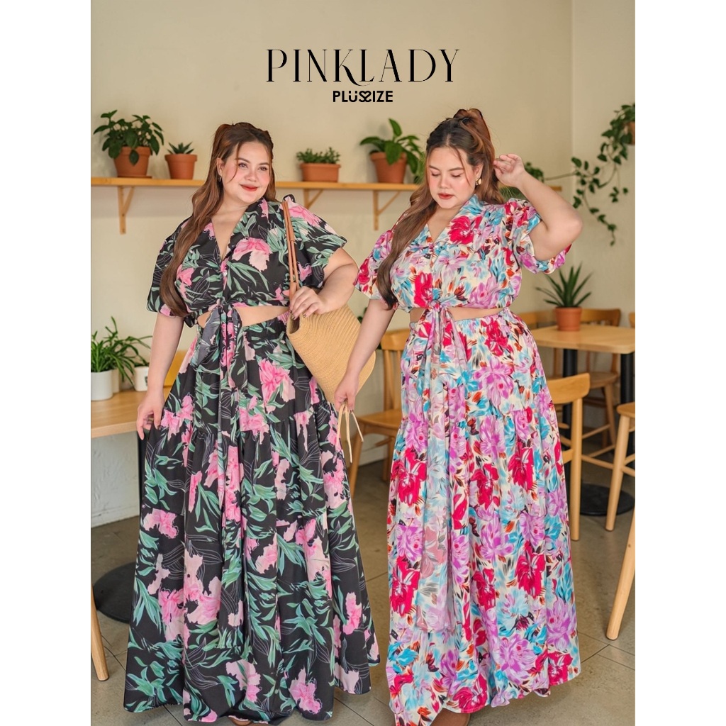 ชุดเซ็ตลายดอก เสื้อคอปกปีกนก แขนบอลลูน เอวผูกโบว์+กระโปรงยาว 2 สี 2 ไซส์ (กรุณาอ่านไซส์ในรายละเอียดก่อนสั่งซื้อ)