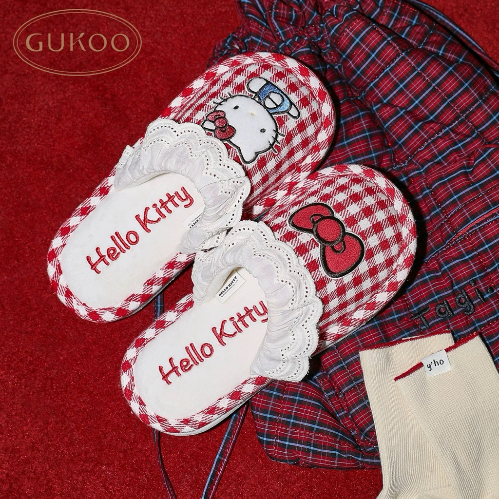 ⚡️พรีออเดอร์⚡️ Gukoo x Hello Kitty Slippers รองเท้าสลิปเปอร์ ลายสก็อตแดง แต่งลูกไม้ ลิขสิทธิ์แท้💯%