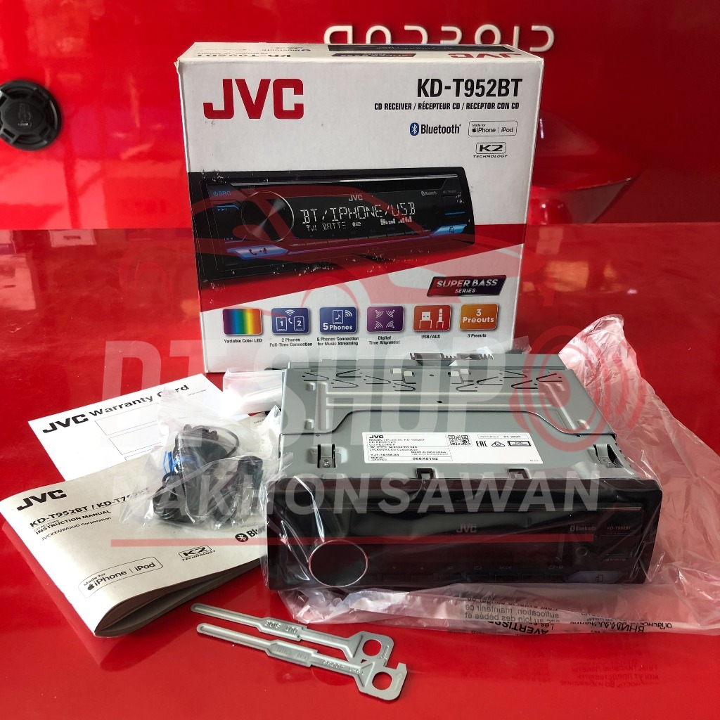 JVC KD-T952BT เครื่องเล่นวิทยุติดรถยนต์ 1 DIN มี CD Bluetooth USB AUX ปรีเอาท์ 3 ชุด ของแท้ มีประกัน