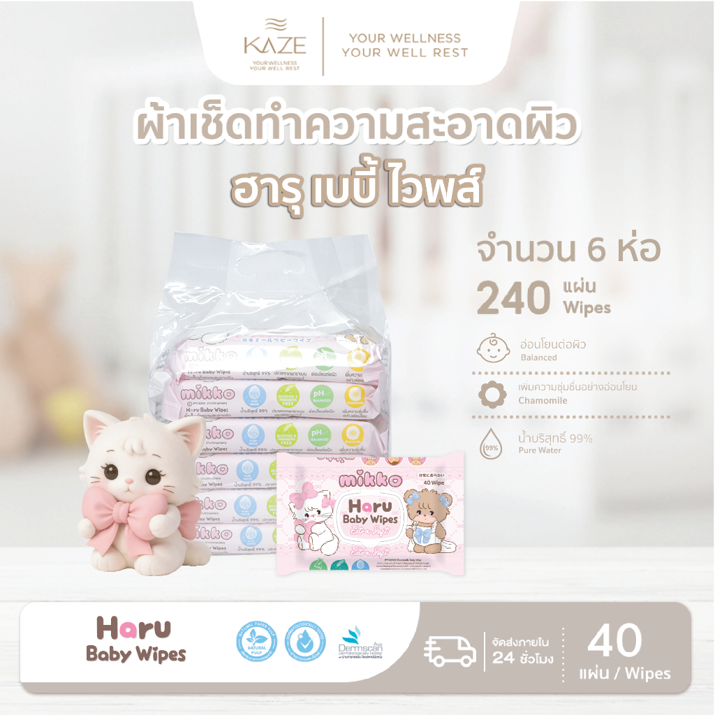 (1 แพ็ค/6 ห่อ) Haru x Mikko -ทิชชู่เปียกสารสกัดจากคาโมมายล์ สูตรอ่อนโยนสำหรับเด็ก 40 แผ่น