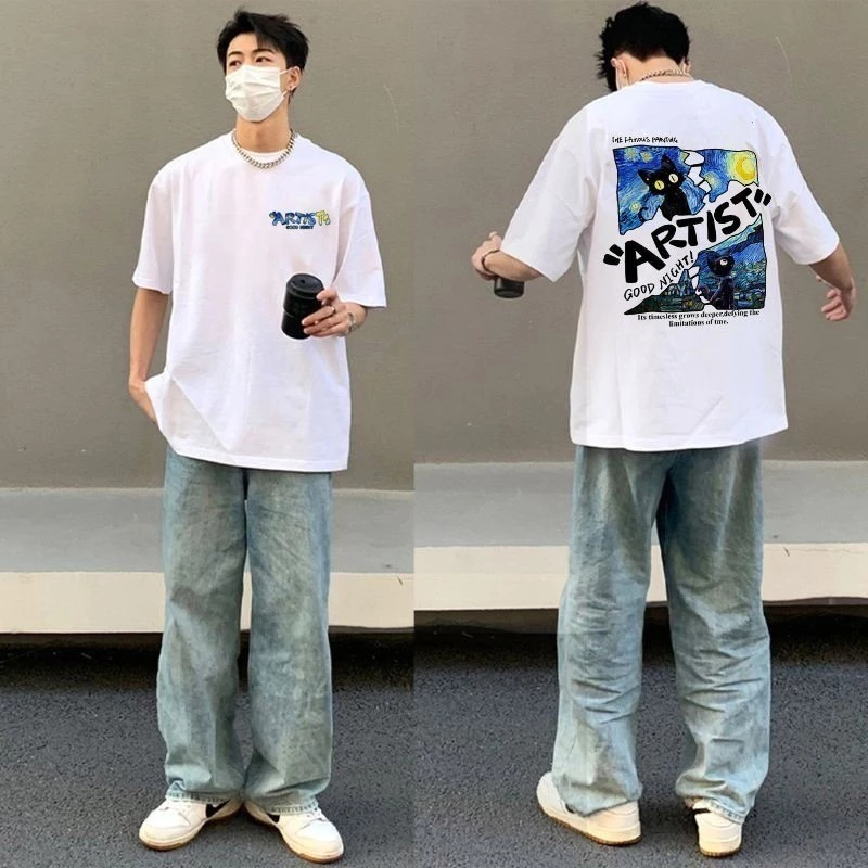 เสื้อยืดสำหรับผู้ชายสไตล์ญี่ปุ่นฤดูร้อน เสื้อสั้นลายแมวดำการ์ตูนและท้องฟ้าสีค่ำคืนหลวมๆสบาย