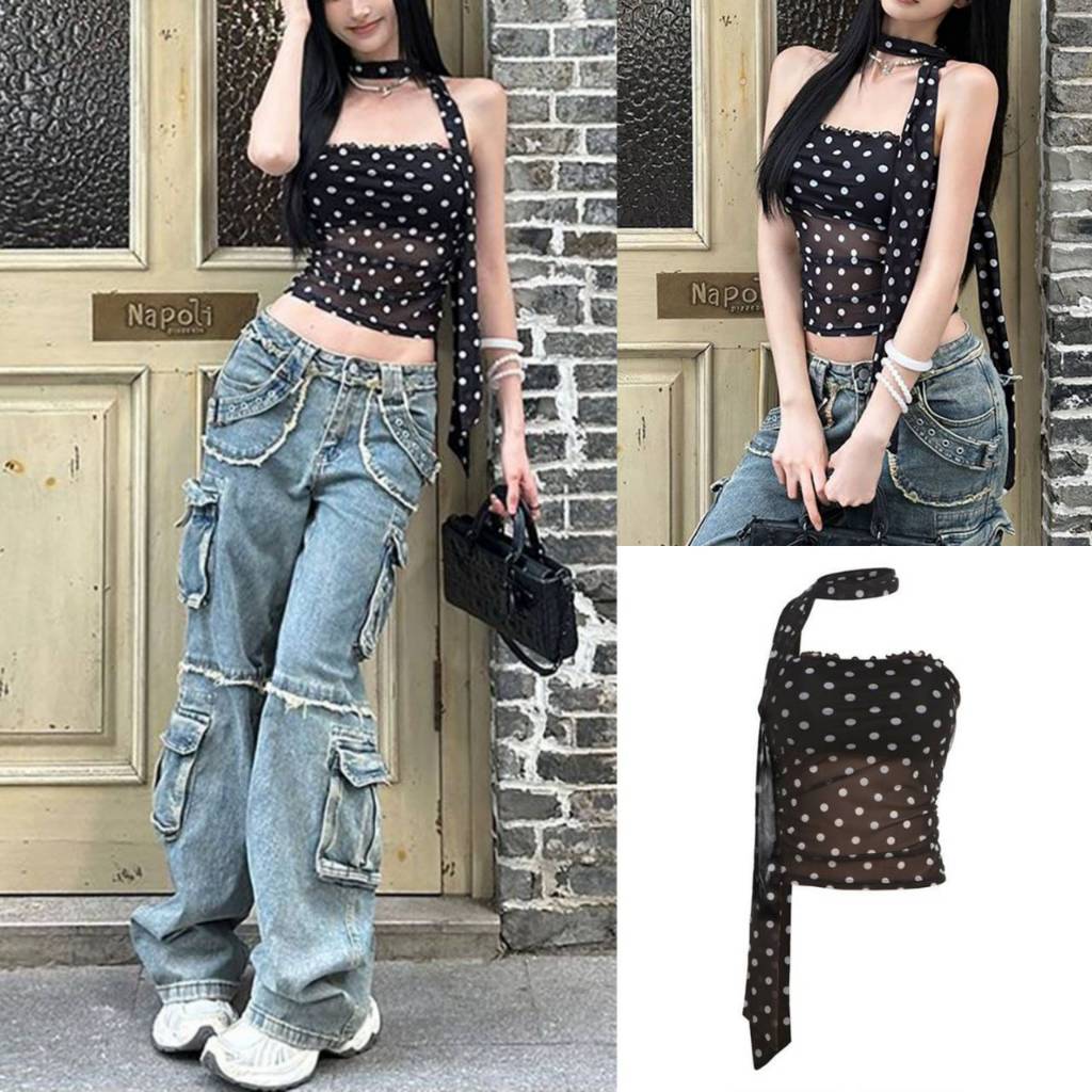 Lamoon【พร้อมส่ง】เสื้อเกาะอกซีทรู ลายจุด Y2K ดีไซน์สายคล้องคอเข้ารูป มีสีเดียว (H21-5055)