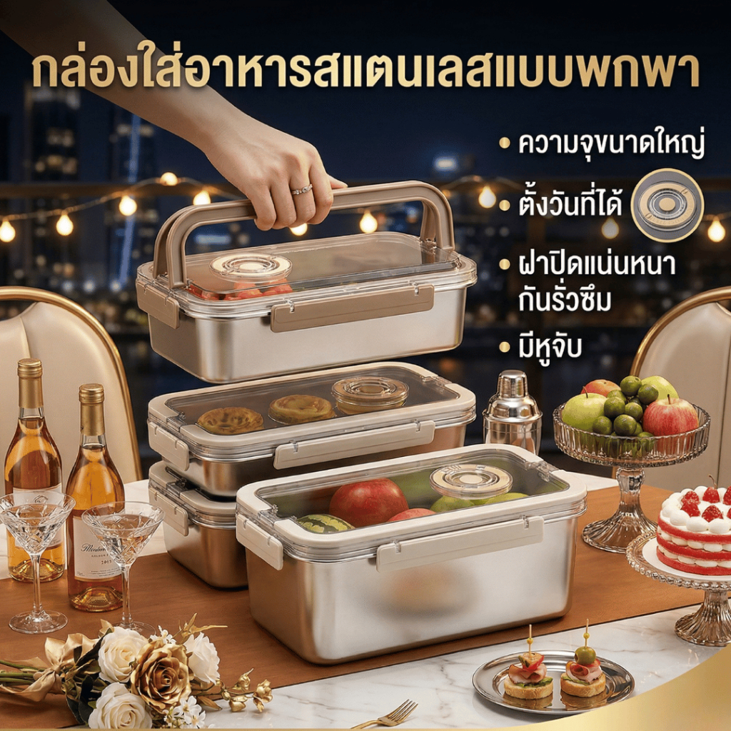กล่องใส่อาหารสแตนเลสแบบพกพา 304 ตั้งวันที่ได้ ฝาปิดแน่นหนา กันรั่วซึม มีหูจับกล่องอาหารกลางวัน ความจุขนาดใหญ่