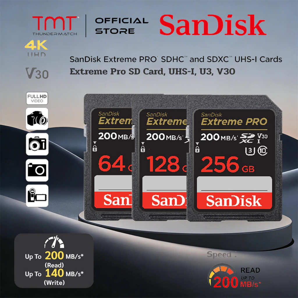 (ส่งด่วน)  SANDISK SDcard Extreme PRO 32GB/64GB/128GB/256GB (200MB/s) UHS-I U3 C10 V30 4K memory card กล้อง แท้