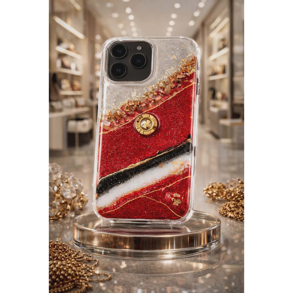 เคสเสริมสิริมงคลสีแดงเรดไวน์ประดับหินนำโชคปะการัง+เคลียร์ควอตซ์+ไหมทองพร้อมกังหันนำโชค สัญลักษณ์โอมมั่งคั่ง ร่ำรวย