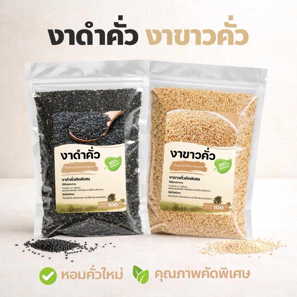 งาขาวคั่ว งาดำคั่ว 100% คัดพิเศษ คั่วใหม่ทุกล็อต หอมชัด ไม่เหม็นหืน พร้อมทาน งาคั่วสุขภาพ