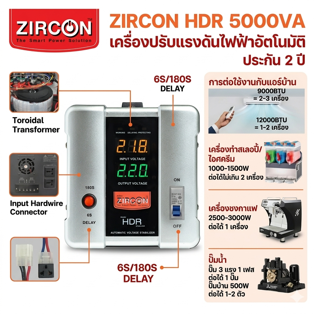 Stabilizer รุ่น HDR ขนาด 5000VA/4000W Service Center  2 ปี (ไม่สำรองไฟตอนไฟดับ)