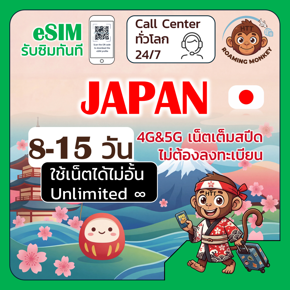 [eSIM] Japan 4G/5G 8-15 วัน ซิมเดินทาง ท่องเที่ยว ญี่ปุ่น เครือข่าย SoftBank DOCOMO โดย RoamingMonke