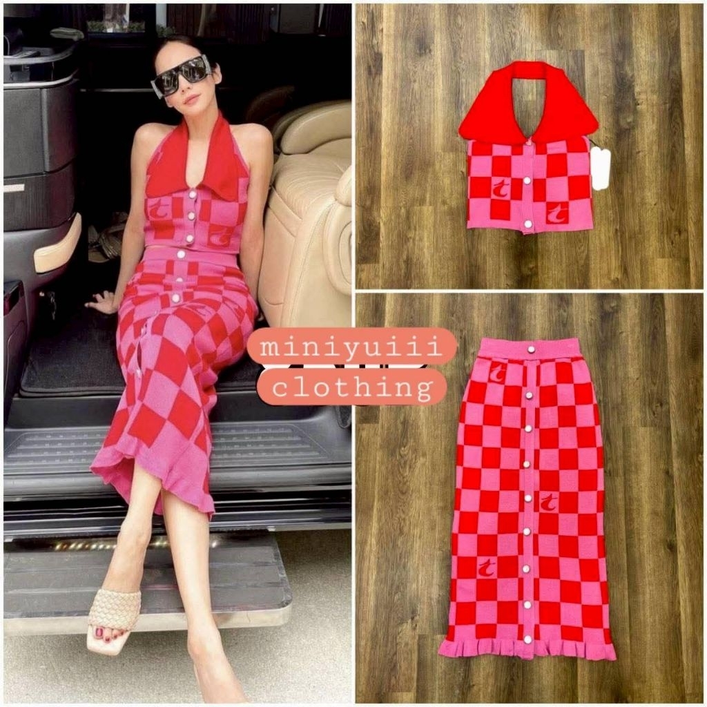 Used like new 🔮Wideria@real🔮 เซตแม่อั้ม สก๊อตชมพูสุดฮอต เสื้อคล้องคอกระโปรงแต่งชาย hot มาก Size M ขอ