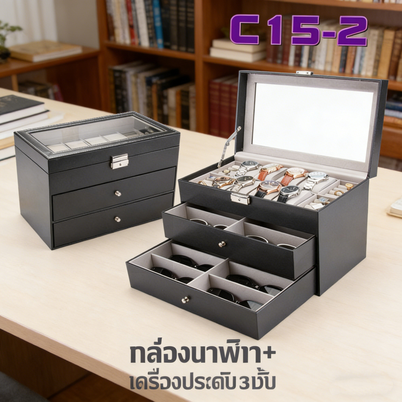 กล่องนาฬิกาและเครื่องประดับ 3 ชั้น ก1-2 เก็บนาฬิกาข้อมือ จัดระเบียบสวยงาม