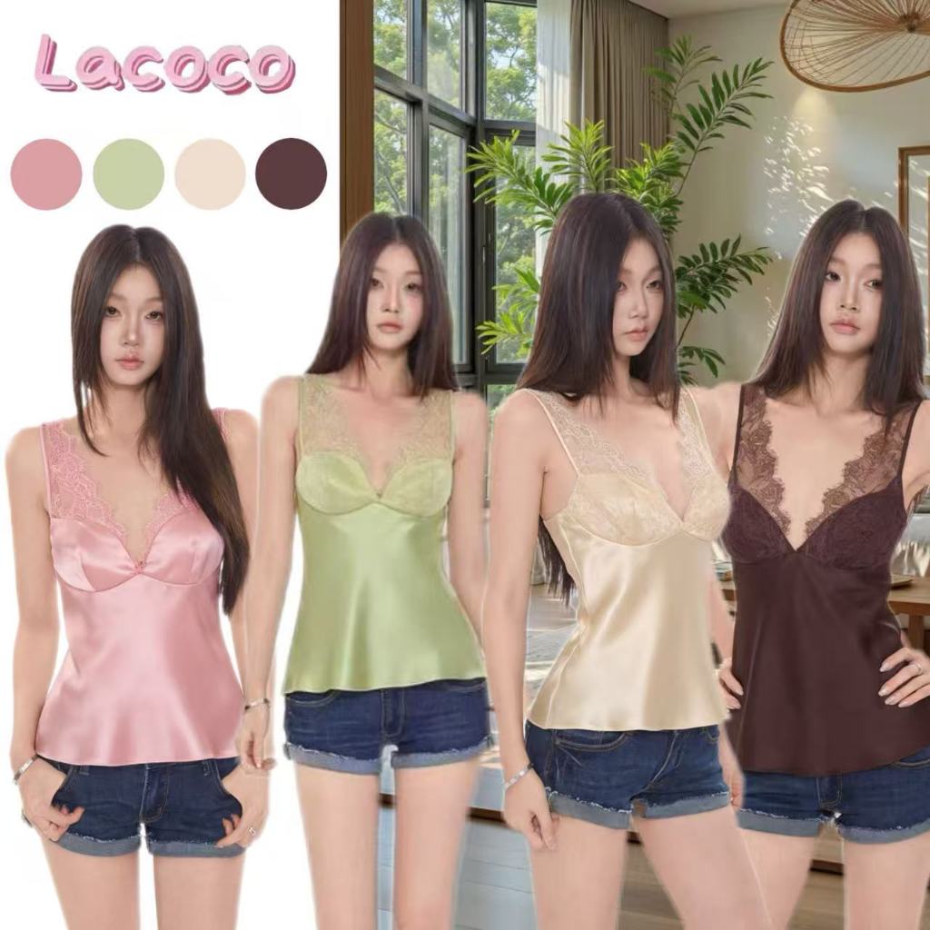 Lacoco🍓คลังสินค้าพร้อม🍓เสื้อสายเดี่ยวลูกไม้คอวีลึกสุดหรูและเซ็กซี่สำหรับผู้หญิง สไตล์ใหม่ล่าสุดประจำฤดูร้อนปี 2026