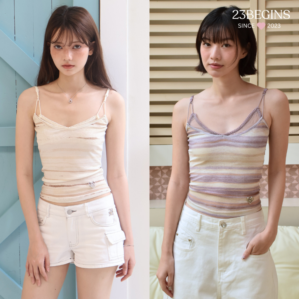 (Pre เบจS)Karen Lace เสื้อสายเดี่ยว ดีเทลลูกไม้ (815)