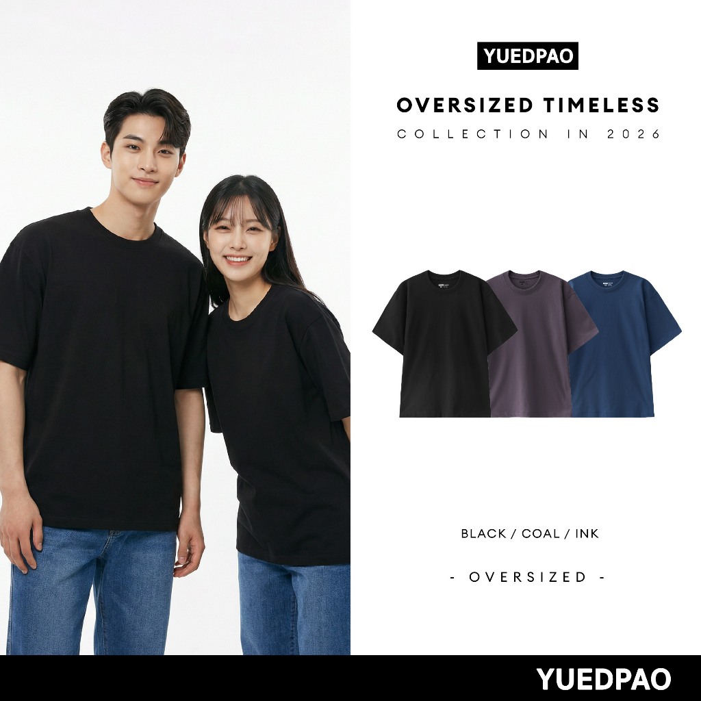 Yuedpao Oversized Timeless 2025+2026 เสื้อยืดโอเวอร์ไซส์ สีพื้น ผ้าหนายับยากรีดง่าย เสื้อยืดเปล่า ทรงหลวม Set Dark Tone