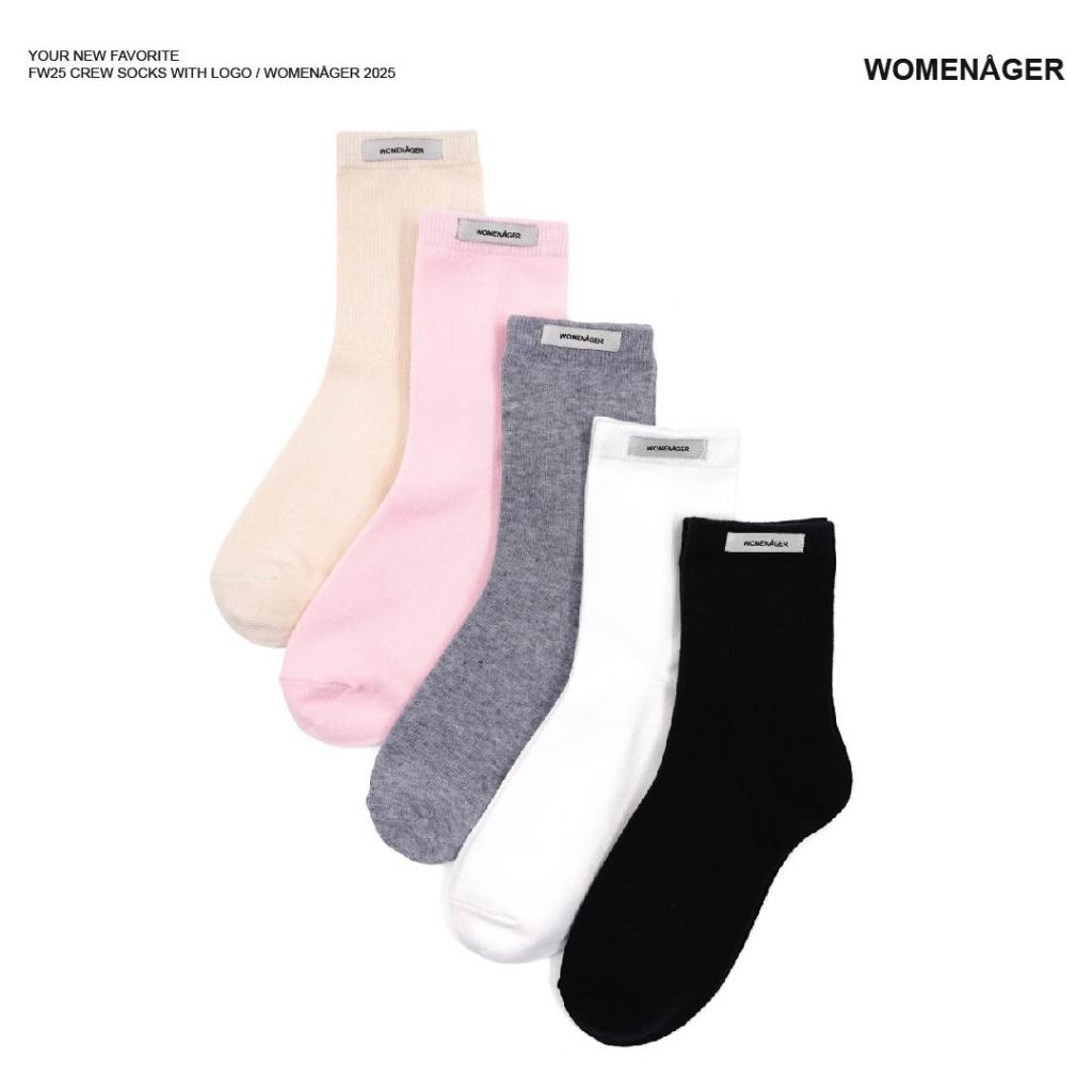 womenager - Crew sock with logo ถุงเท้าข้อกลาง ถุงเท้าผู้หญิง ทั้งหมด 5 สี