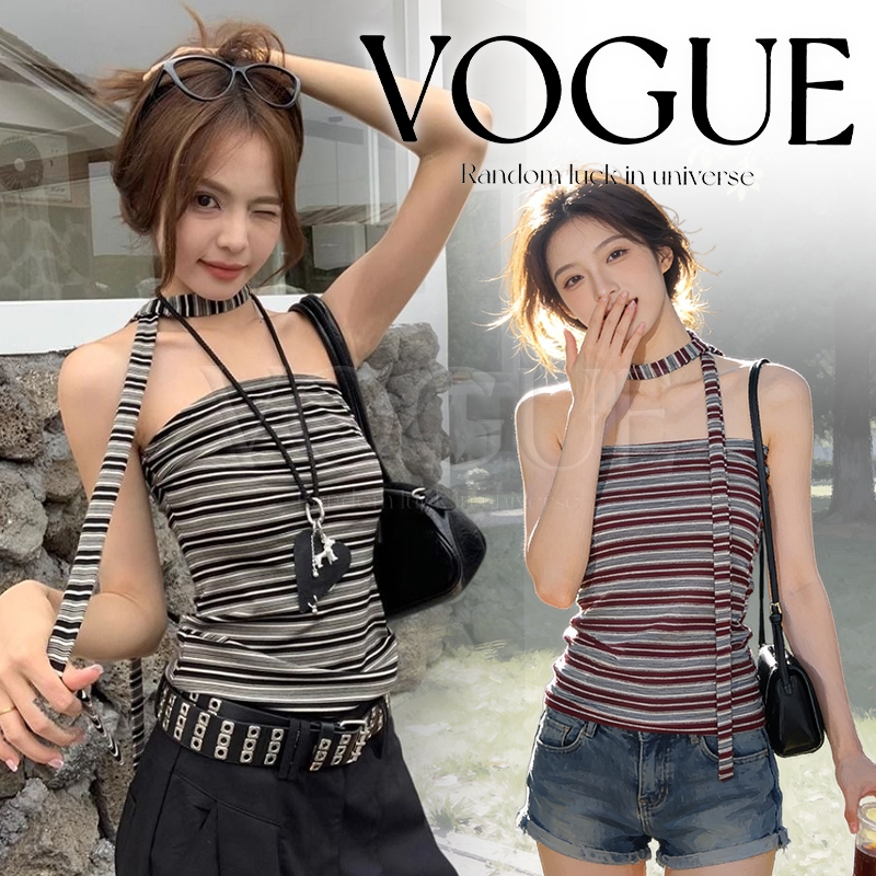 Vogue🌟พร้อมส่ง🌟 เสื้อแฟชั่นผู้หญิง เกาะอกลายทาง มีบราในตัว ผ้ายืดใส่สบาย แถมผ้าพันคอเล็กๆ (FY7027)