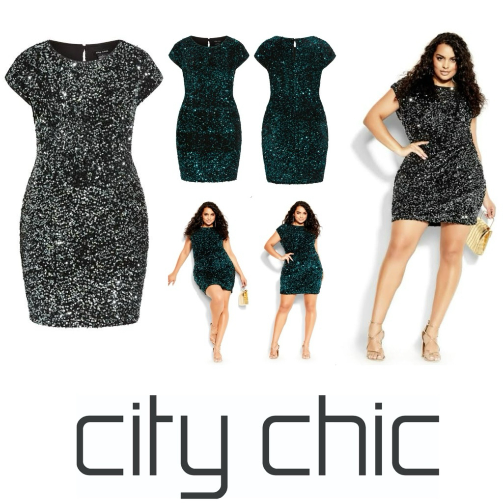 CITY CHIC Sequin Party Dress Emerald Green & Black /Silver Mini Cap Sleeve Plus-size