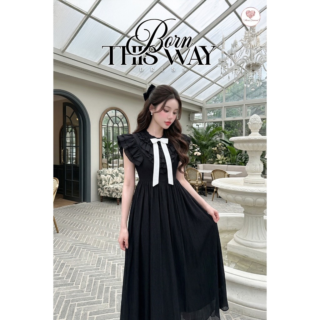 (มี3XL) Maria Diamond สีชมพู Cherry Pink Dress เดรสยาวผ้าคอตตอนลายสก็อต แขนระบาย อกปักเชอรี่ แต่งโบว์ดำ ซิปหลัง มีซับใน