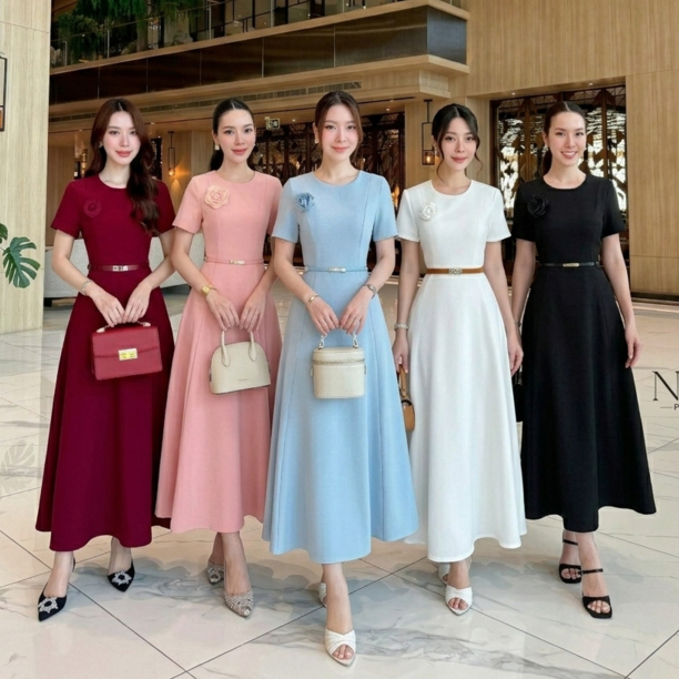 พร้อมส่ง Nabi เดรส สีขาว สีดำ+เข็มขัด ใส่ออกงาน งานบุญ งานบวช แฟนนาค เรียบหรู ดูดีมาก PS.CLOSET