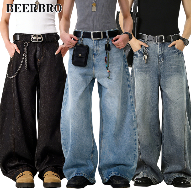 beerbroth-กางเกงยีนส์ขายาว ผู้ชาย สีดำ ทรงบอลลูนดีไซต์ขาโค้ง กระบอกใหญ่  คุณภาพดีมาก ใส่สบาย แฟชั่น เท่ๆ