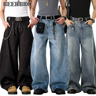 beerbroth-กางเกงยีนส์ขายาว ผู้ชาย สีดำ ทรงบอลลูนดีไซต์ขาโค้ง กระบอกใหญ่  คุณภาพดีมาก ใส่สบาย แฟชั่น เท่ๆ